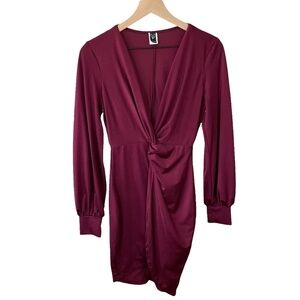 Windsor Wrap Mini Dress Long Sleeves Plunging Neckline Merlot Burgundy
